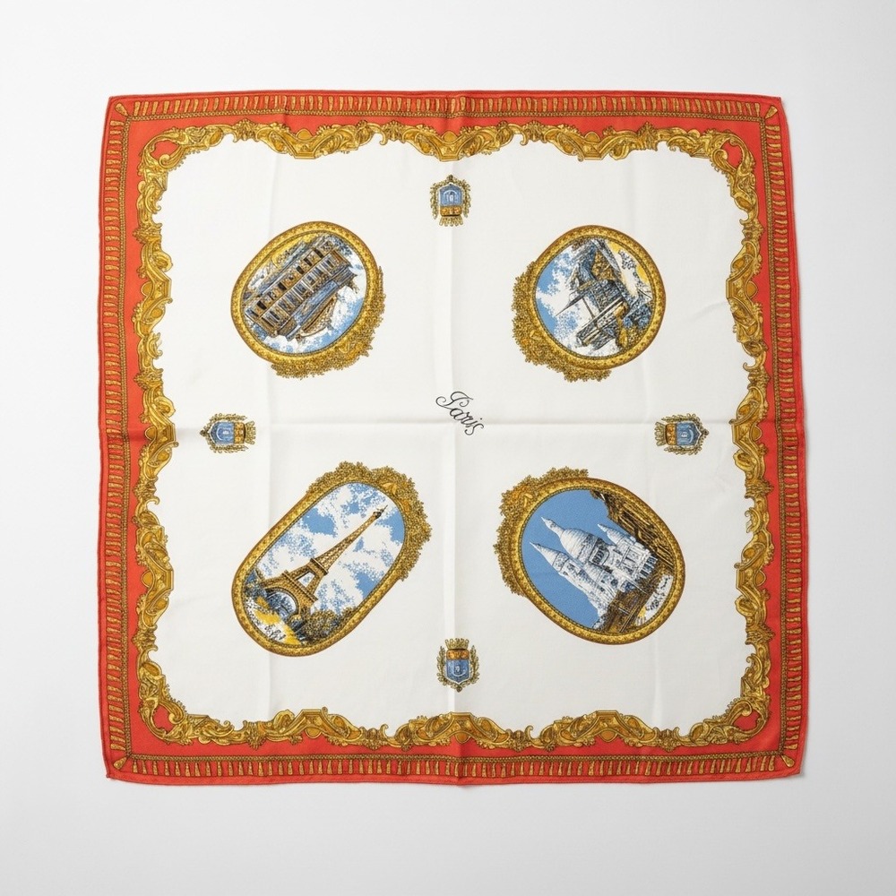 Vintage Paris Landmark Square Scarf Eiffel Tower Sacre Coeur Red Gold